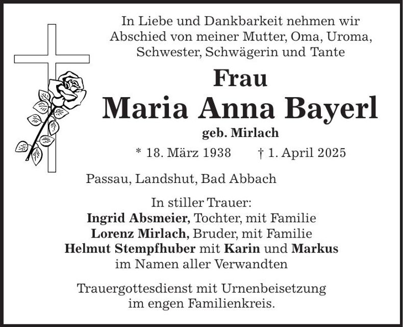 Traueranzeige Maria Anna Bayerl
