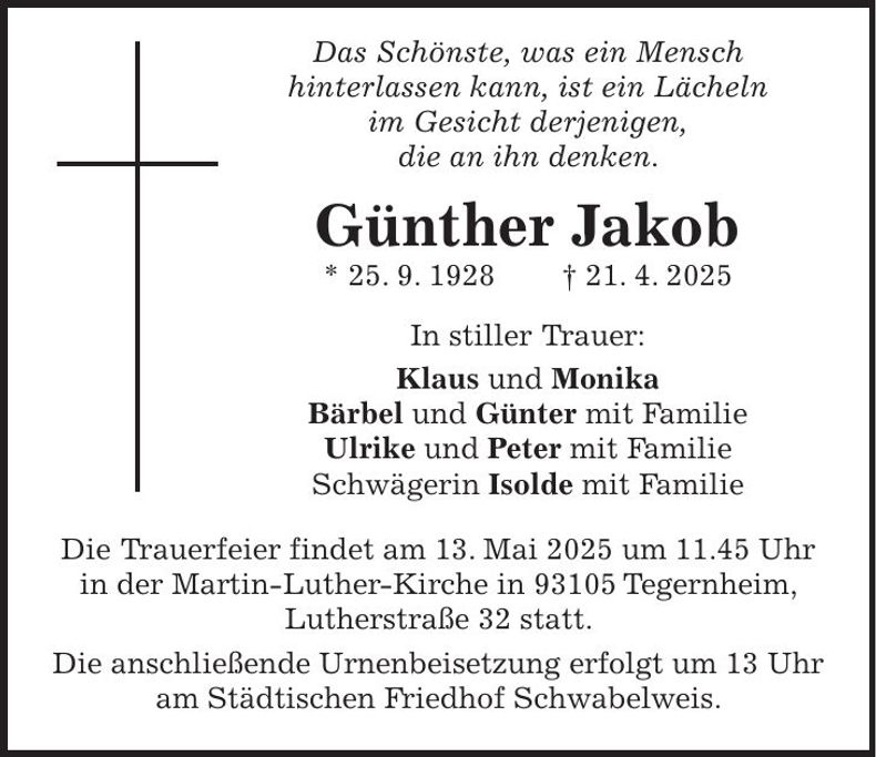 Traueranzeige Günther Jakob