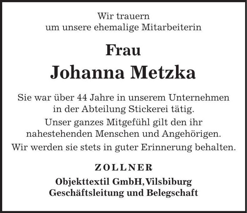 Traueranzeige Johanna Metzka