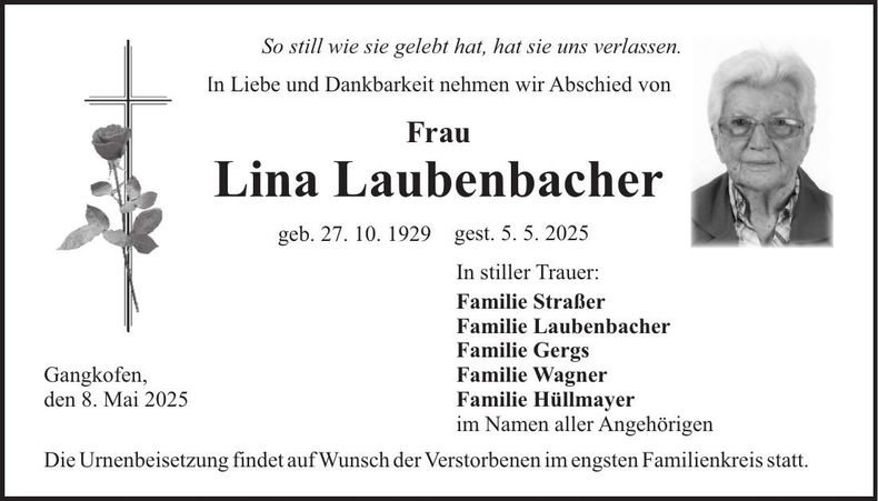Traueranzeige Lina Laubenbacher
