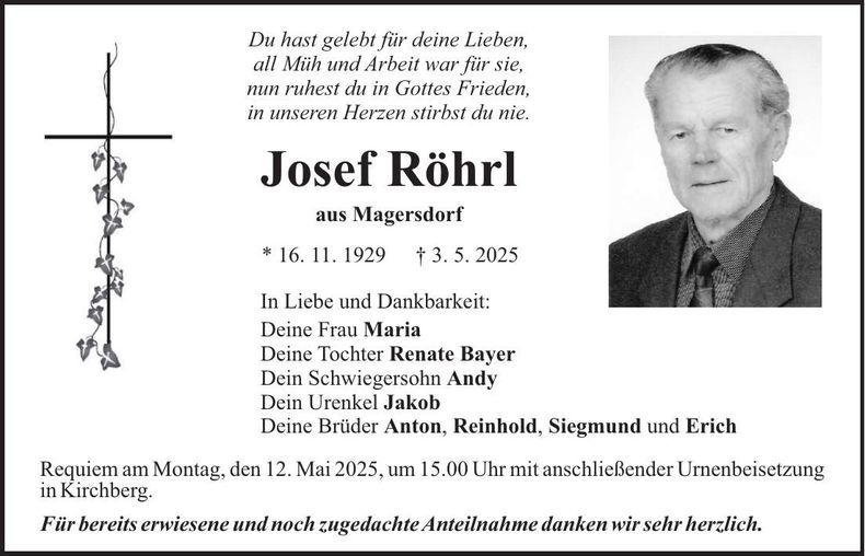 Traueranzeige Josef Röhrl