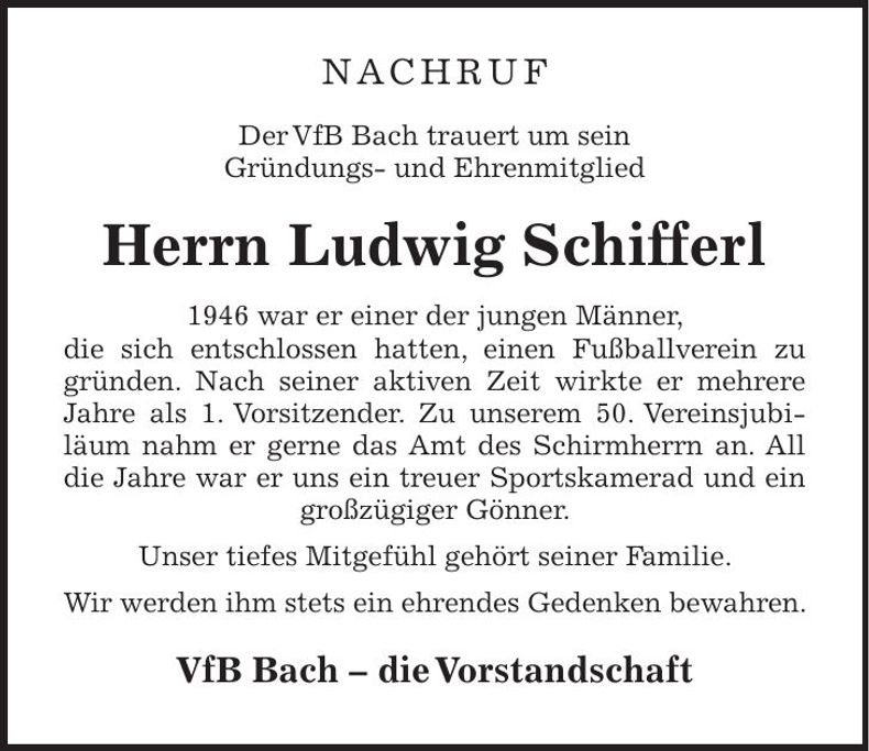 Traueranzeige Ludwig Schifferl