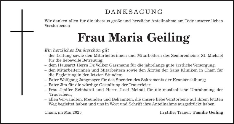 Traueranzeige Maria Geiling