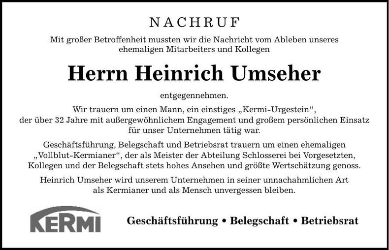 Traueranzeige Heinrich Umseher