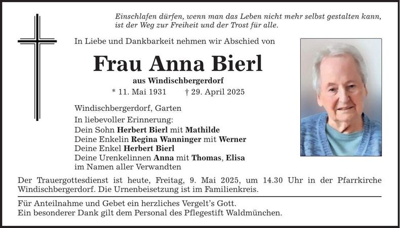 Traueranzeige Anna Bierl