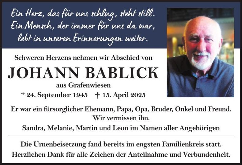 Traueranzeige Johann Bablick