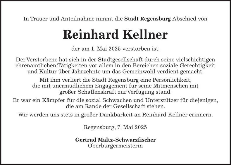 Traueranzeige Reinhard Reinhard Kellner