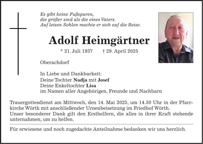 Traueranzeige Adolf Heimgärtner