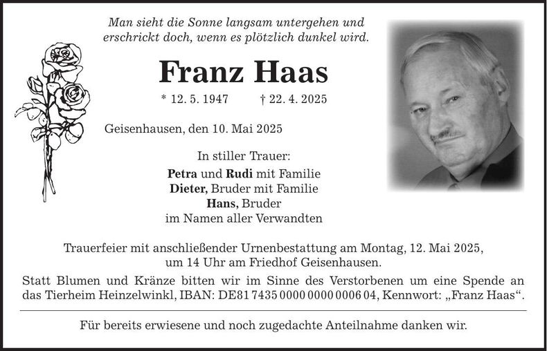 Traueranzeige Franz Haas