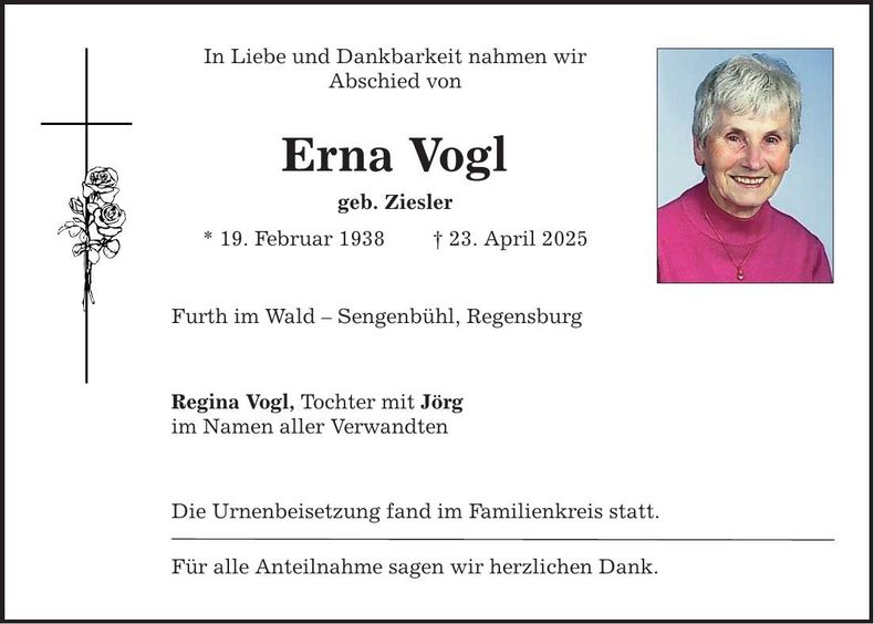 Traueranzeige Erna Vogl