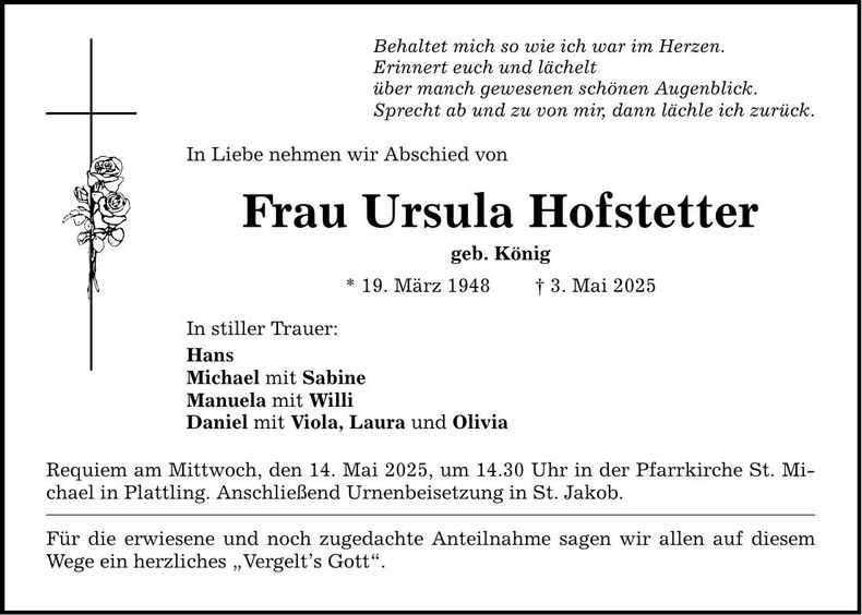 Traueranzeige Ursula Hofstetter