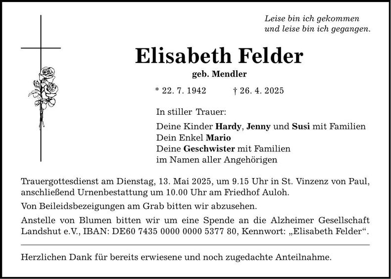 Traueranzeige Elisabeth Felder