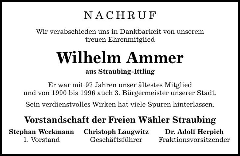 Traueranzeige Wilhelm Ammer