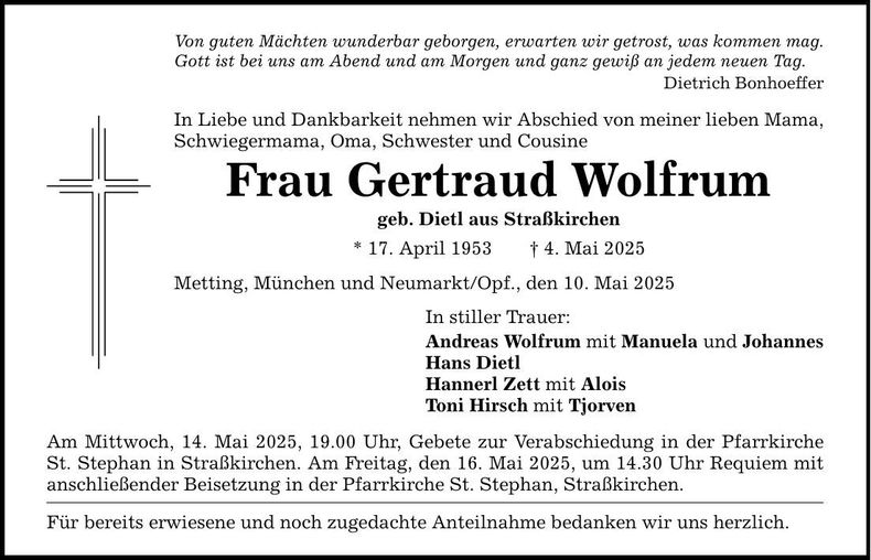 Traueranzeige Gertraud Wolfrum