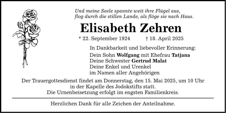 Traueranzeige Elisabeth Zehren