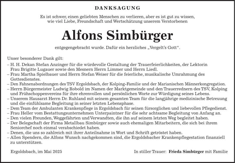 Traueranzeige Alfons Simbürger