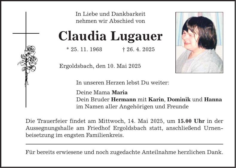 Traueranzeige Claudia Lugauer