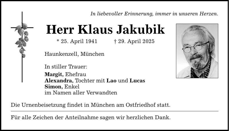 Traueranzeige Klaus Jakubik