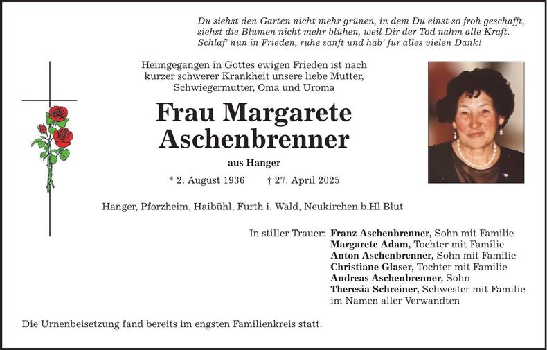 Traueranzeige Margarete Aschenbrenner