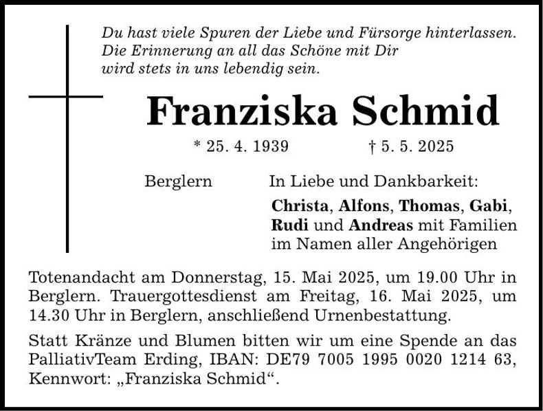 Traueranzeige Franziska Schmid