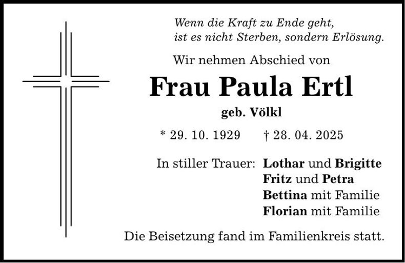 Traueranzeige Paula Ertl