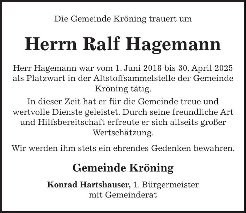 Traueranzeige Ralf Hagemann
