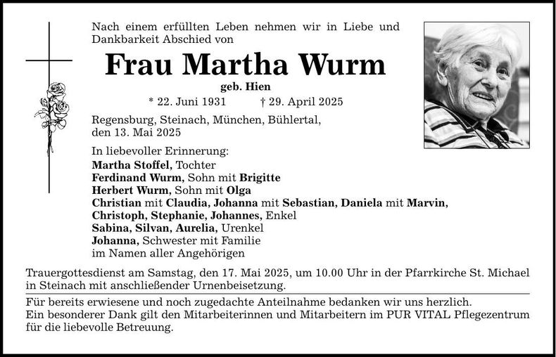 Traueranzeige Martha Wurm