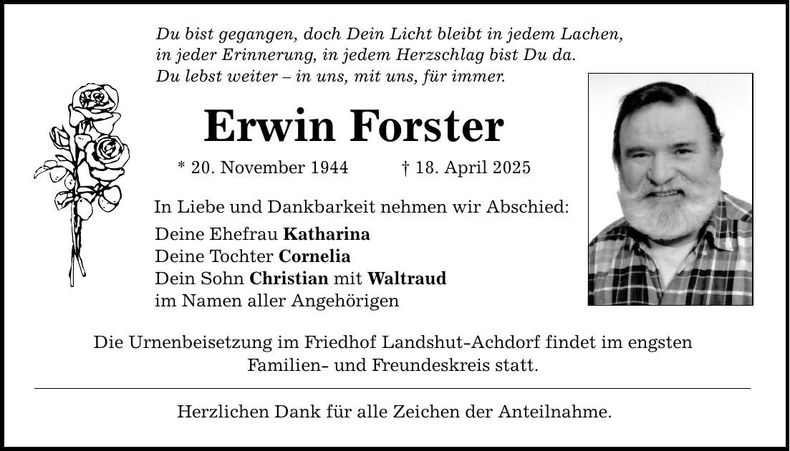 Traueranzeige Erwin Forster