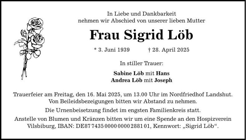 Traueranzeige Sigrid Löb