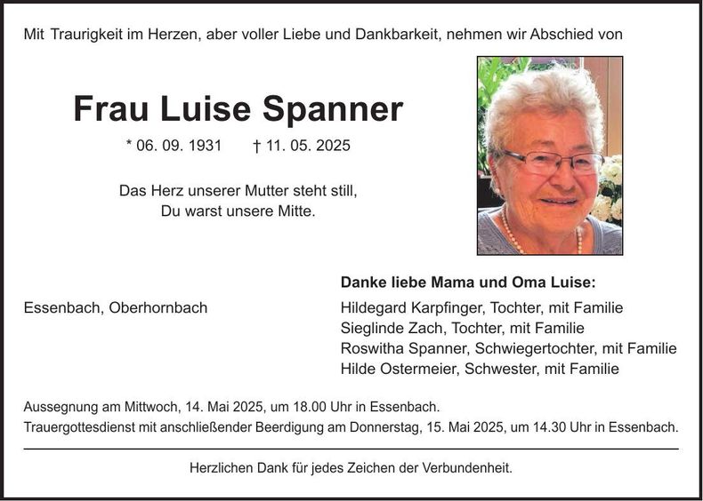 Traueranzeige Luise Spanner