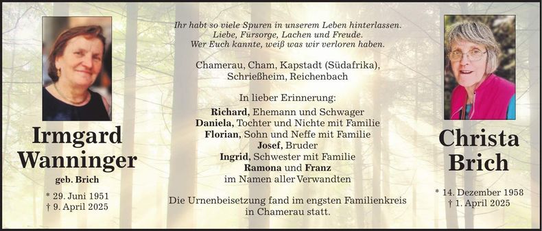 Traueranzeige Christa Brich und Irmgard Wanninger