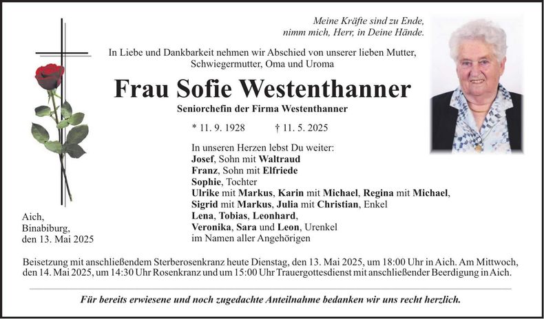 Traueranzeige Sofie Westenthanner