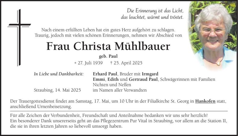 Traueranzeige Christa Mühlbauer