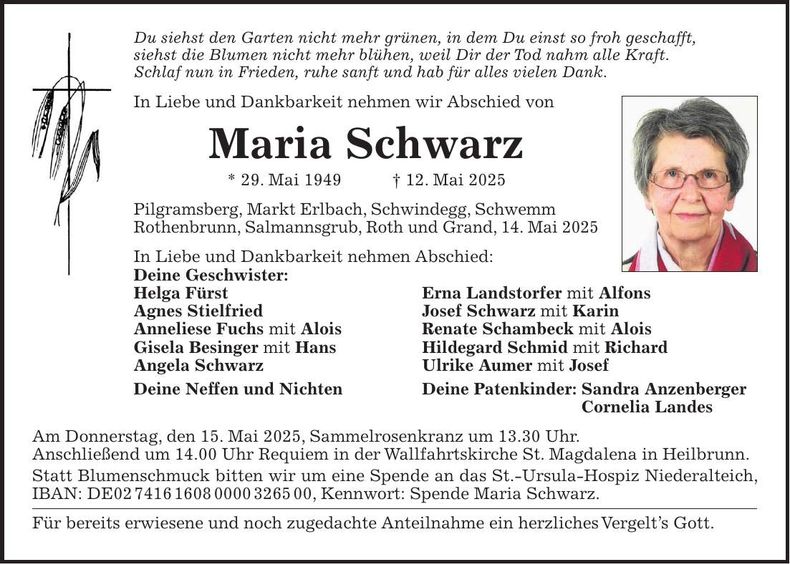 Traueranzeige Maria Schwarz