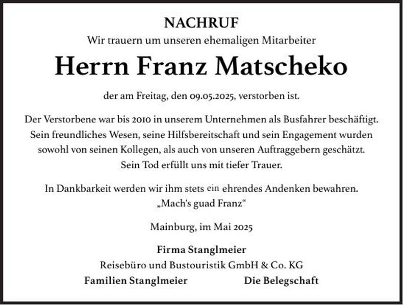 Traueranzeige Franz Matscheko