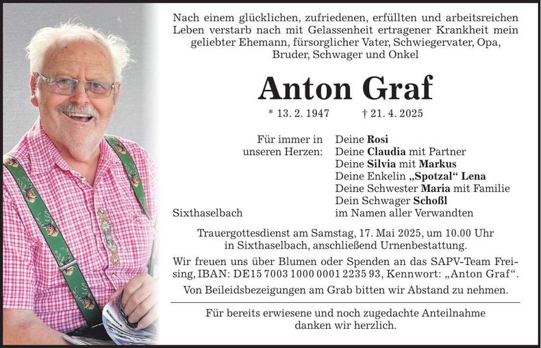 Traueranzeige Anton Graf