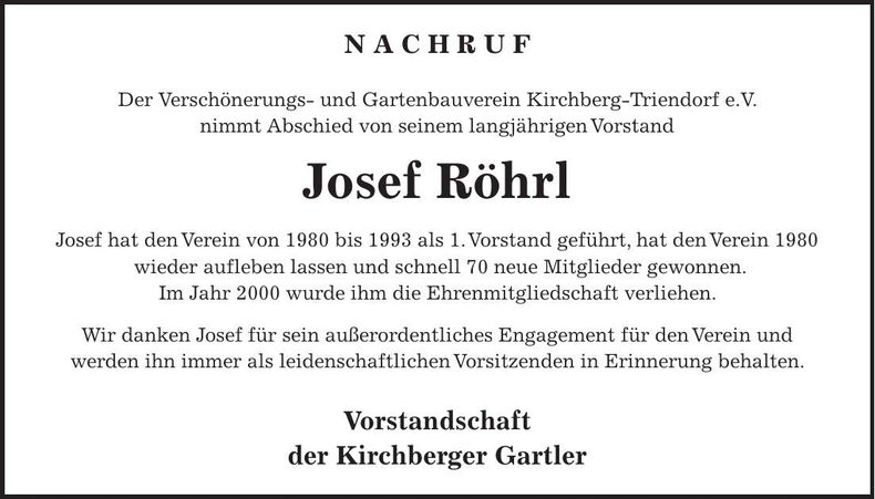 Traueranzeige Josef Röhrl