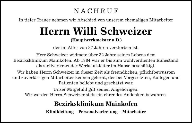 Traueranzeige Willi Schweizer