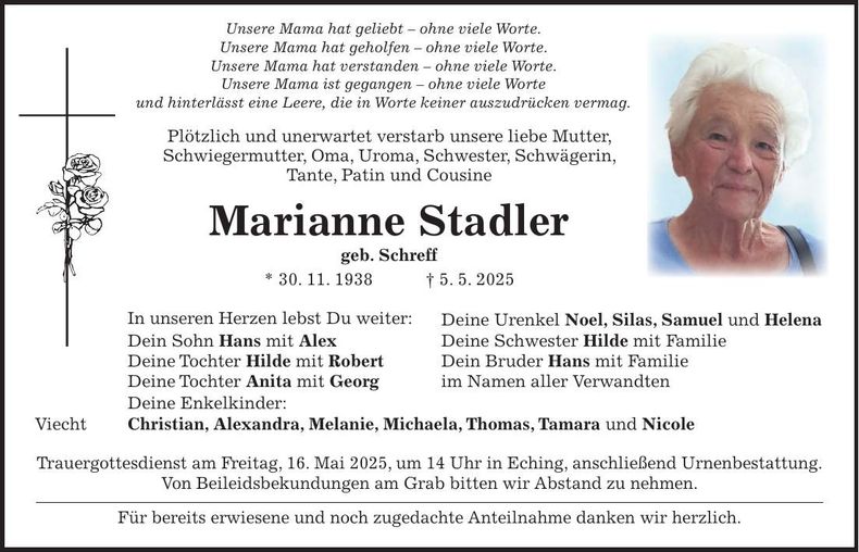 Traueranzeige Marianne Stadler