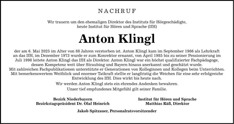 Traueranzeige Anton Klingl