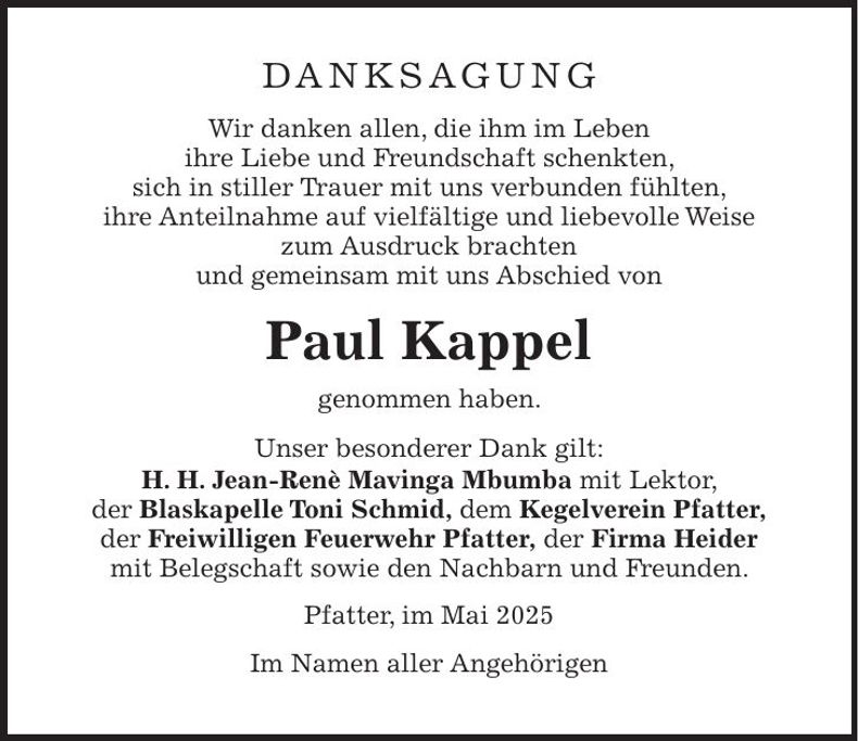 Traueranzeige Paul Kappel