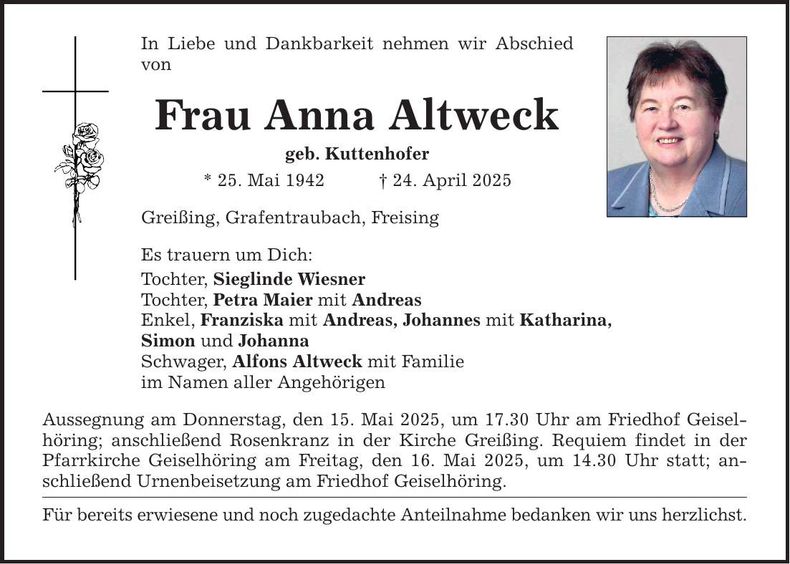 Traueranzeige Anna Altweck