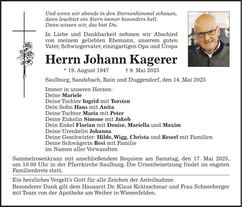 Traueranzeige Johann Kagerer
