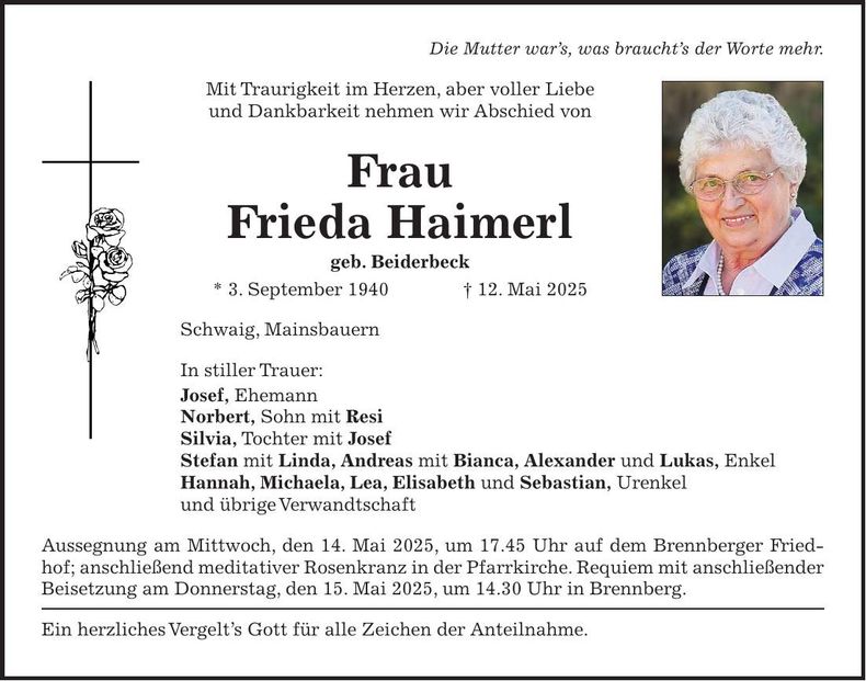 Traueranzeige Frieda Haimerl