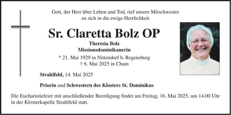 Traueranzeige Bolz OP Sr. Claretta