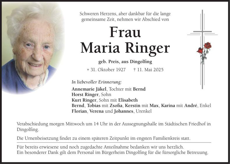 Traueranzeige Maria Ringer