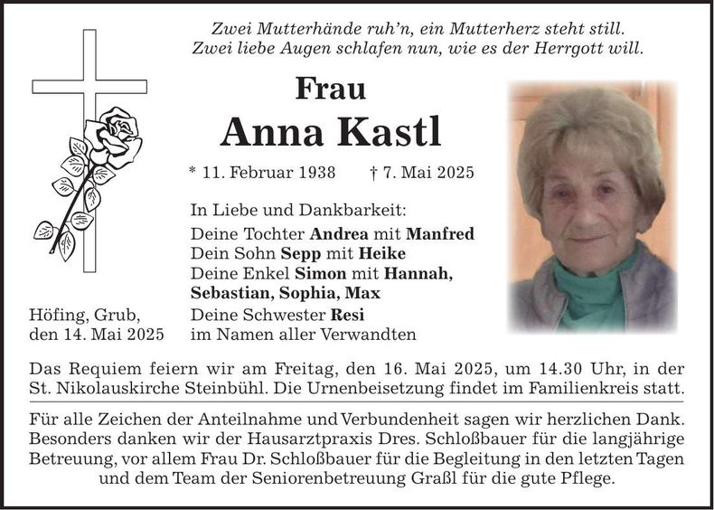 Traueranzeige Anna Kastl