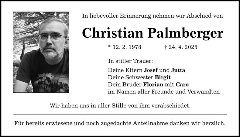 Traueranzeige Christian Palmberger