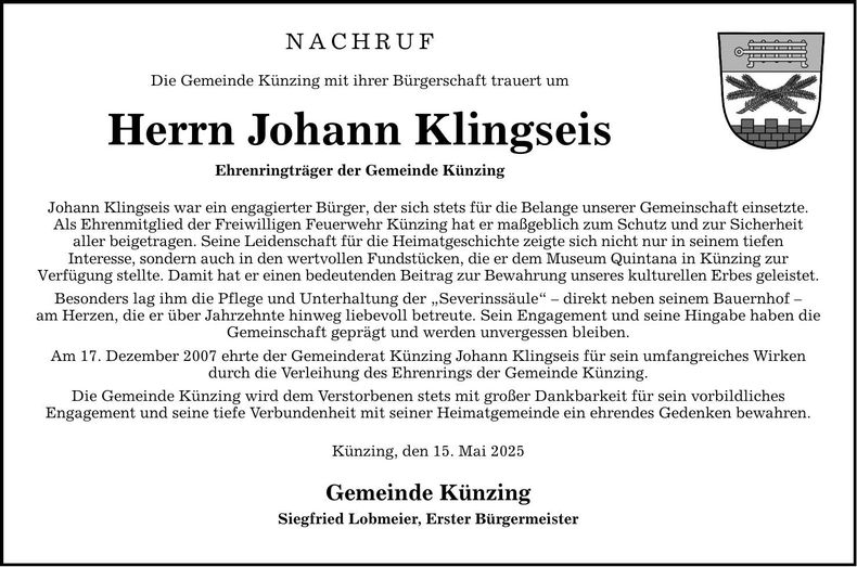 Traueranzeige Johann Klingseis