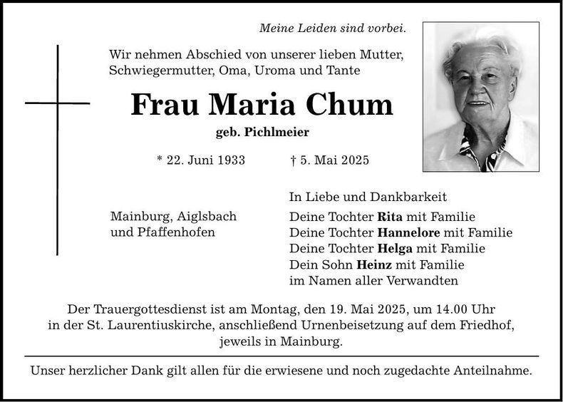 Traueranzeige Maria Chum